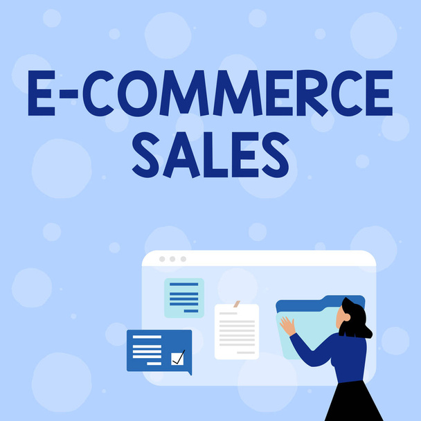 Käsinkirjoitusmerkki E Commerce Sales. Käsitteellinen valokuva toimintaa ostaa tai myydä tuotteita verkkopalvelussa Nainen Järjestely Selaimen historia, muokkaus Järjestäminen Online-tiedostoja, - Valokuva, kuva