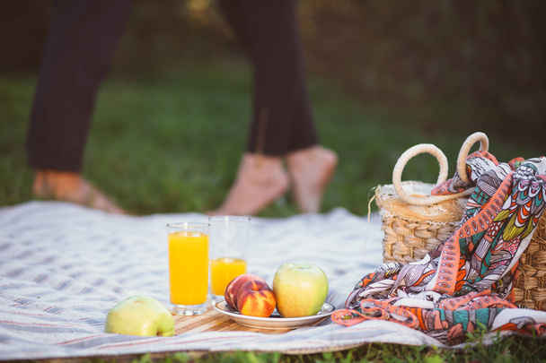 Pregnant couple on picnic. Fruit and a basket closeup - 写真・画像