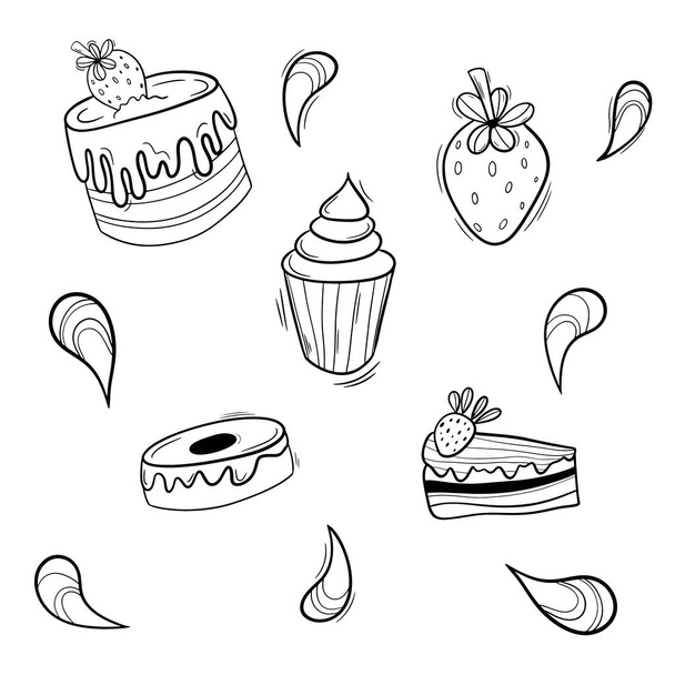 Bakery black doodle outline set with pastry. Cakes, donuts, buns and strawberry. - ベクター画像