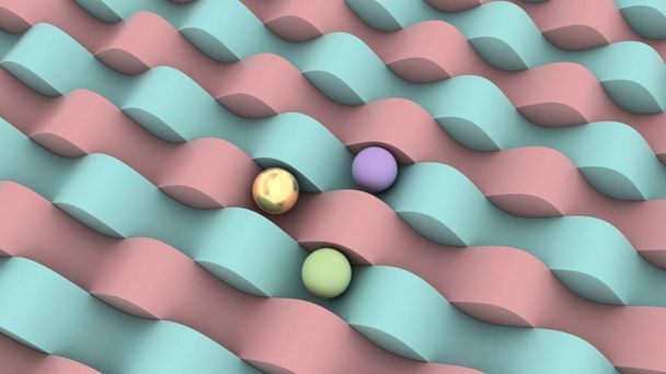 Egy absztrakt hullámos háttér 3D-s ábrázolása. A kék és rózsaszín hullámos vonalak párhuzamosak egymással. Tökök vannak a felszínén. Képernyőmentők és asztali számítógépek képe. - Fotó, kép