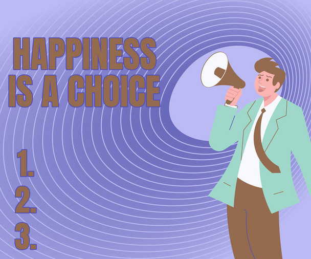 Fogalmi megjelenítés A boldogság egy választás. Üzleti bemutató Maradj boldog minden alkalommal vidám ihletett illusztráció egy férfi mutatva távol tartó hangszóró, hogy új bejelentést - Fotó, kép