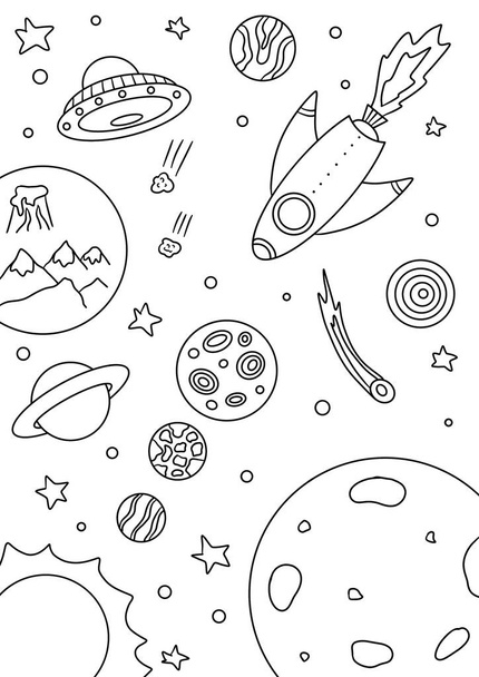 Colouring page with space and UFO  - Fotoğraf, Görsel