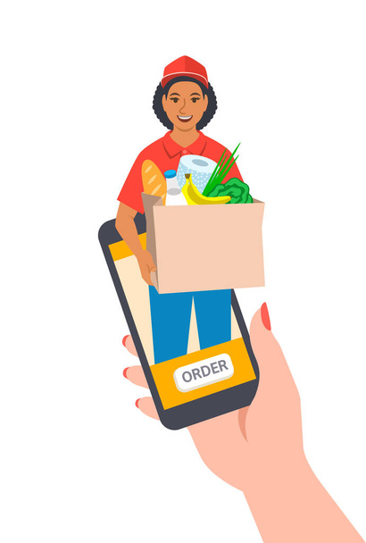 Express delivery concept. Customer makes an order online using smartphone app and gets it fast. Friendly courier gives a paper bag with groceries to buyer. Online shopping. Flat vector illustration - Vector, Image