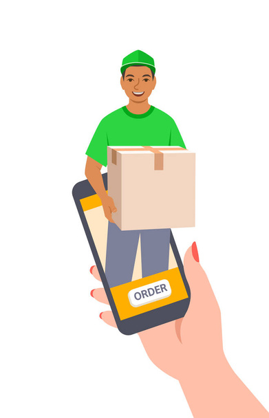 Express delivery concept. Customer makes an order online using smartphone app and gets it fast. Young friendly delivery boy gives a package to the buyer. Online shopping. Flat vector illustration - Vector, Image