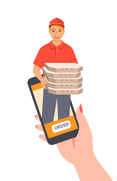 Pizza express delivery concept. Customer makes an order online using smartphone app and gets it fast. Young friendly delivery boy gives several pizza boxes to the client. Flat vector illustration - Vector, Image