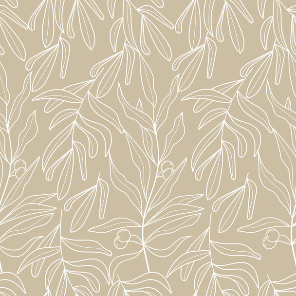 Olive branch wallpaper vector. Boho, abstract seamless pattern. Floral, line, botanical fabric illustration in beige color. - Vector, afbeelding