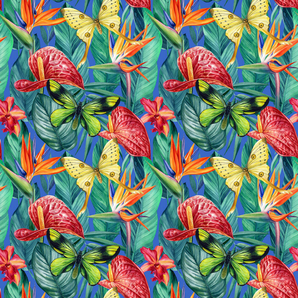 Nahtloses Muster mit tropischen Blüten Anthurium, Strelitzia reginae, Blättern und Schmetterling, Aquarellmalerei - Foto, Bild