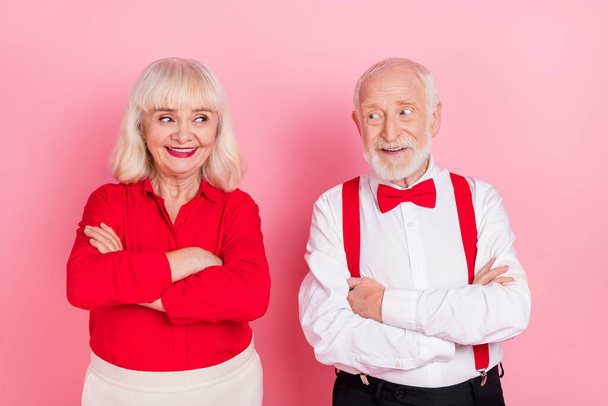 Portrait of attractive cheery amorous gray-haired couple folded arms isolated over pink pastel color background - Photo, Image