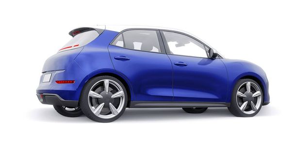 Blauw schattig klein elektrisch hatchback autootje. 3D illustratie - Foto, afbeelding