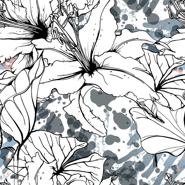 Floral Black and White Seamless Pattern. Modern Artistic Watercolor Print. Fashion Outline Flowers Surface. Botanic Vector Motif on Ink Stains Texture. Drawing Abstract Leaf. Trend Tropic Background. - Vector, afbeelding