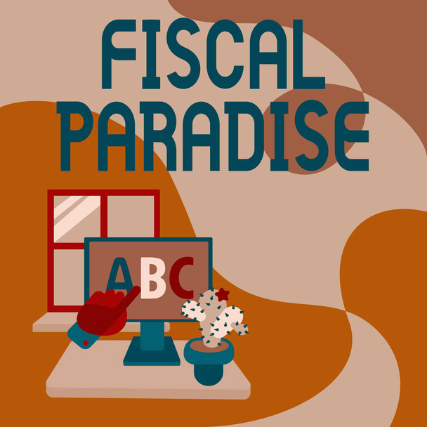 Handwriting text Fiscal Paradise. Concept meaning The waste of public money is a great concern topic Hand Showing Letters Pointing Web Browser Screen With Cactus On Side. - Photo, Image