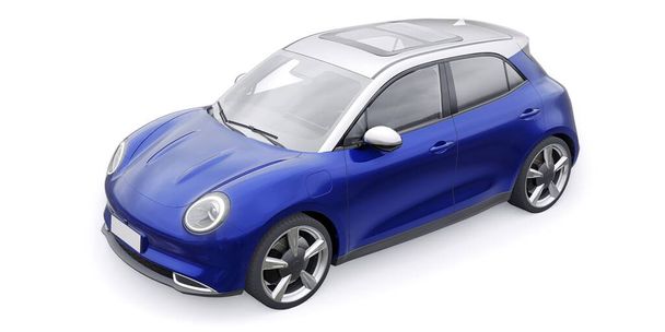 Blue cute little electric hatchback car. 3D illustration - Photo, Image