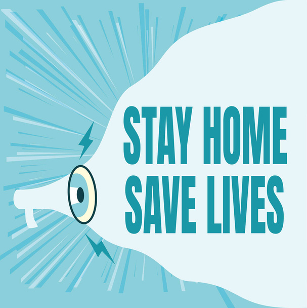 Bildunterschrift: Stay Home Save Lives. Geschäftsansatz verringert die Zahl der infizierten Patienten, indem man das Haus nicht verlässt Megafon-Zeichnung macht neue laute Ansage zur leeren Wolke. - Foto, Bild