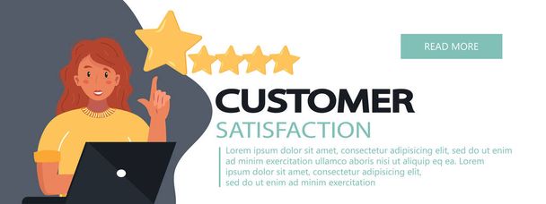 Concept of feedback, testimonials messages and notifications. Rating on customer service illustration. Five big stars with reviewer. Flat vector - Vector, Image