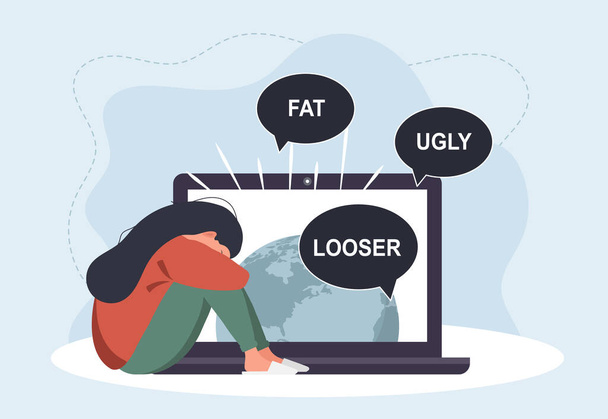 Sad woman with laptop receiving pop up messages. Cyber bullying. Online abuse concept. Teenager sitting on the floor and crying. Vector illustration in flat cartoon style. - ベクター画像