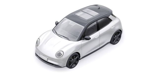 Blanco lindo pequeño coche hatchback eléctrico. Ilustración 3D - Foto, imagen