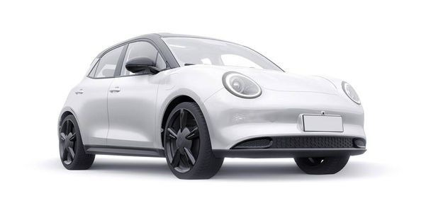 Blanco lindo pequeño coche hatchback eléctrico. Ilustración 3D - Foto, imagen