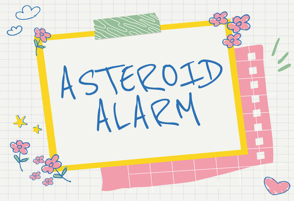 Handwriting text Asteroid Alarm. Business concept warning to prepare the cities in a space rock s is flight path Blank Frame Decorated With Abstract Modernized Forms Flowers And Foliage. - Photo, Image