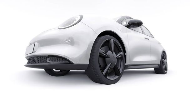 Λευκό χαριτωμένο μικρό ηλεκτρικό αυτοκίνητο hatchback. 3D απεικόνιση - Φωτογραφία, εικόνα