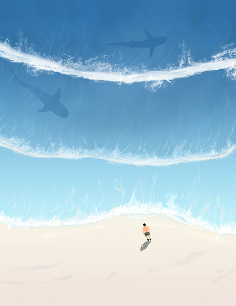 Mężczyzna stoi na plaży jako rekin byk, a rekin rafowy przepływa obok w trójwymiarowej ilustracji o niebezpieczeństwach pływania w oceanie. Przestrzeń do kopiowania jest dostępna w piasku i wodzie. - Zdjęcie, obraz