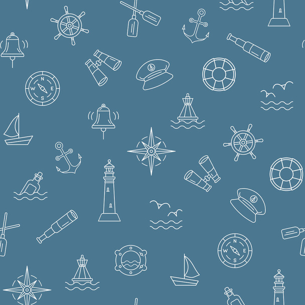 Seamless nautical pattern with outline white icons - Vector, imagen