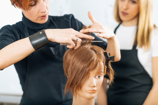 Formation des coiffeurs avec Mannequin Head dans le centre d'éducation. Coiffeuse professionnelle enseignant aux étudiants adultes la technique de coupe de cheveux. - Photo, image