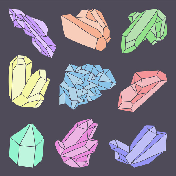 Elle çizilmiş renk kristalleri seti. Elle çizilmiş elmaslar, mineraller ve değerli taşlar vektör çizimleri. - Vektör, Görsel