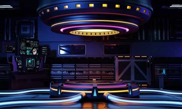 Escaparate de podio de producto de ciencia ficción Cyberpunk en nave espacial con fondo amarillo azul púrpura y rosa. Tecnología y concepto de objeto. Visualización de ilustración 3D - Foto, Imagen