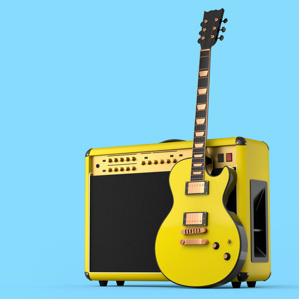 Classical amplifier with electric or acoustic guitar isolated on blue background. 3d render of amplifier for recording bass guitar in studio or rehearsal room, concept for rock festival poste - Zdjęcie, obraz