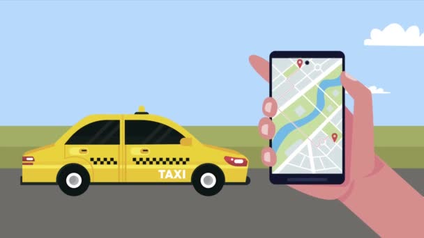 ταξί αυτοκίνητο στο δρόμο και smartphone - Πλάνα, βίντεο