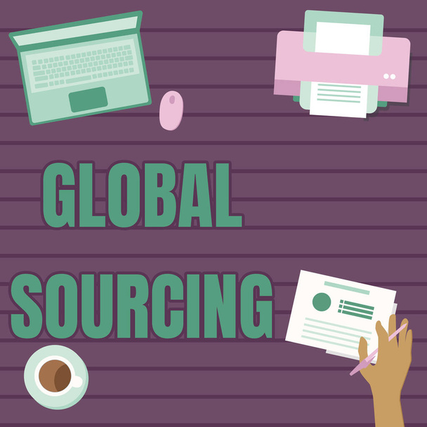 Inspiration showing sign Global Sourcing. Internet Concept practice of sourcing from the global market for goods Hand Holding Pen Creating Plans For New Amazing Ideas - Photo, Image