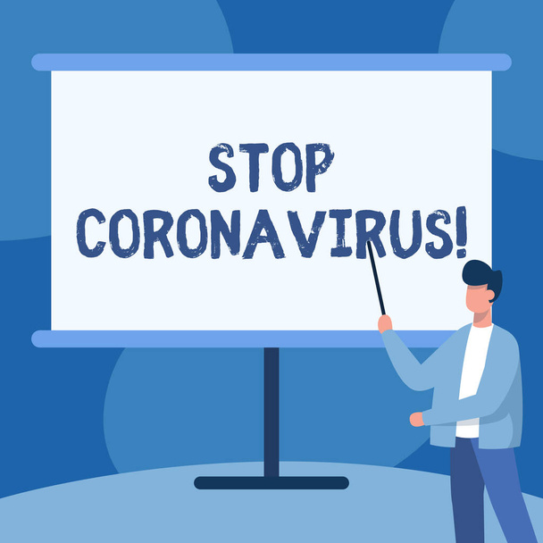 概念的なキャプションコロナウイルスを停止します。ビジネスアイデアCOVID19ケースを減らすための病気啓発キャンペーンホワイトボードで立ち位置スティックを描くジャケットの先生. - 写真・画像