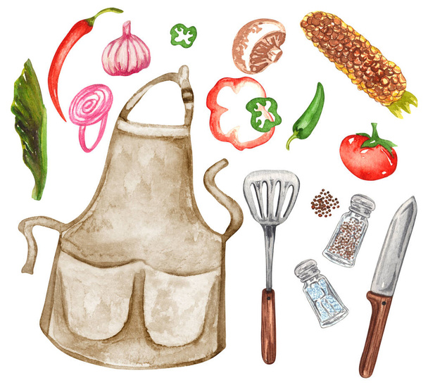 Kézzel rajzolt akvarell készlet különböző tárgyak piknik, nyári evés és barbecue - hús és mártások fehér háttér - Fotó, kép