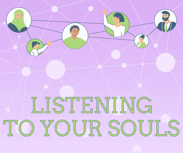 Exhibición conceptual Escuchando a sus almas. Palabra para la meditación confiando en sus instintos reflexivos diferentes personas en círculos charlando juntos y conectados a las redes sociales. - Foto, Imagen