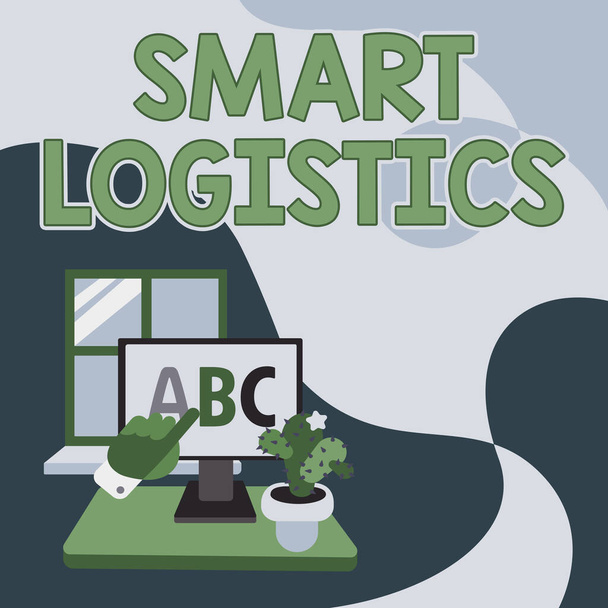 Handschriftteken Smart Logistics. Business showcase integratie van intelligente technologie in logistiek systeem Hand Showing Letters Pointing Web Browser Screen With Cactus On Side. - Foto, afbeelding