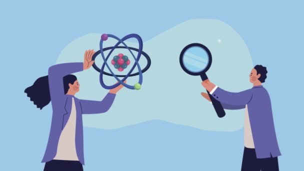 科学者たちは原子と拡大鏡を - 映像、動画