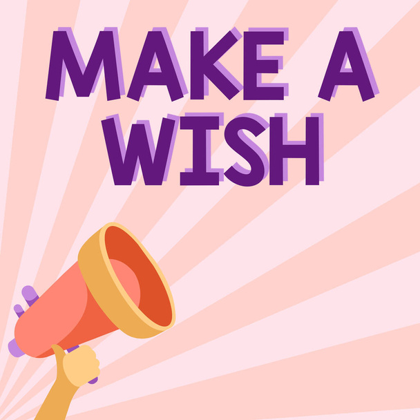 Текст підпису, що представляє Make a Wish. Слово написані на Мати мрії про майбутні події Будьте позитивні ілюстрації ручного тримання Megaphone роблячи чудове оголошення
. - Фото, зображення