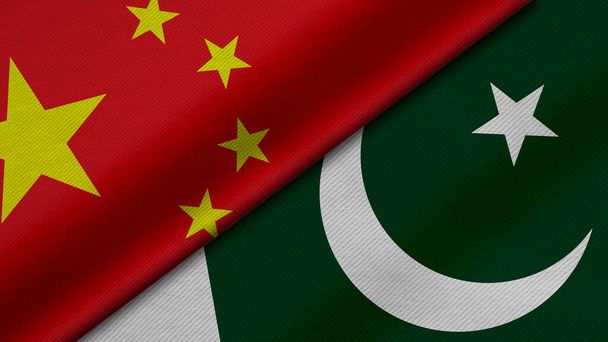 3D-рендеринг двух флагов из Китая и Республики Пакистан вместе с текстурой ткани, двусторонними отношениями, миром и конфликтом между странами, большой для фона - Фото, изображение