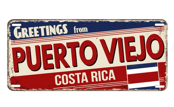 Puerto Viejo 'dan selamlar beyaz arka planda paslı metal plaka, vektör illüstrasyonu - Vektör, Görsel