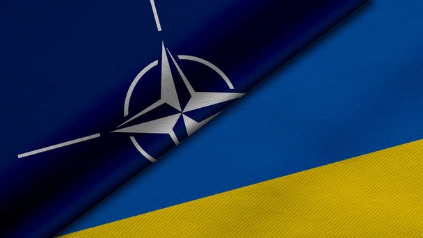 Representación en 3D de dos banderas de la OTAN y Ucrania junto con la textura de la tela, las relaciones bilaterales, la paz y el conflicto entre países, ideal para el fondo - Foto, Imagen