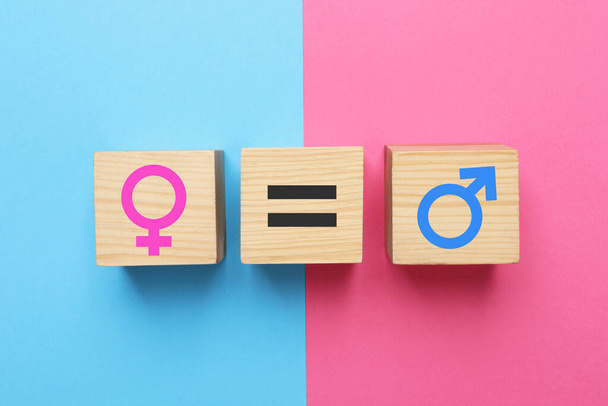 Gender equality. Wooden cubes with equal, male and female signs on color background, flat lay - Fotografie, Obrázek