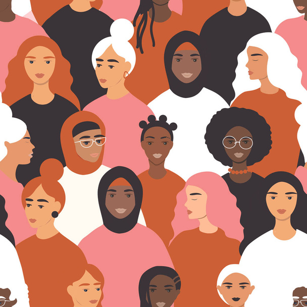  vector seamless pattern in flat style with diverse women of different races and cultures. - Vector, imagen