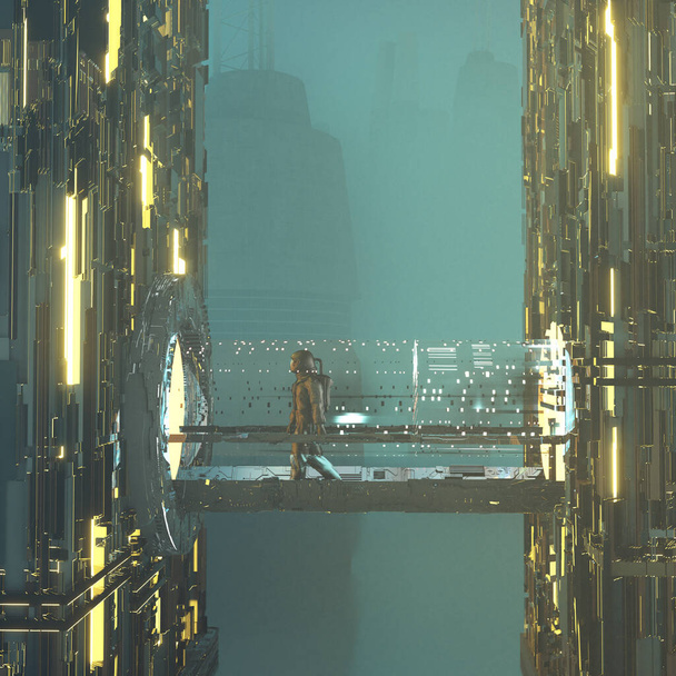 Αστροναύτης περπατά σε μια φουτουριστική γέφυρα μεταξύ δύο κτιρίων. Διαστημικός σταθμός και ιδέα μεταφοράς δεδομένων. Αυτή είναι μια τρισδιάστατη απεικόνιση  - Φωτογραφία, εικόνα