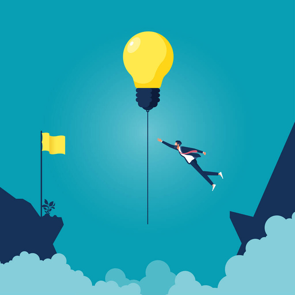 Businessman try to hung lightbulb idea cross over cliff,  Think Successful vision concept-Symbol leadership - Διάνυσμα, εικόνα