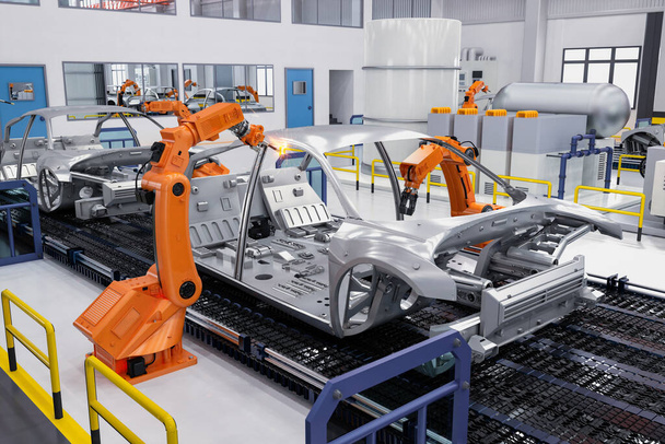 Automatisierung Automobilfabrik Konzept mit 3D-Rendering-Roboter Montagelinie in Automobilfabrik - Foto, Bild