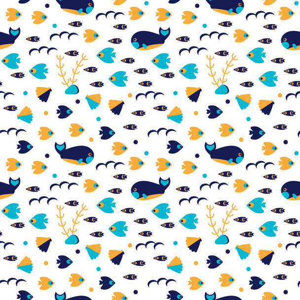 Underwater seamless children's pattern. Cartoon fish, whales and the undersea world. Colorful vector background in cartoon style. Design for fabric, textiles. - Vector, Image