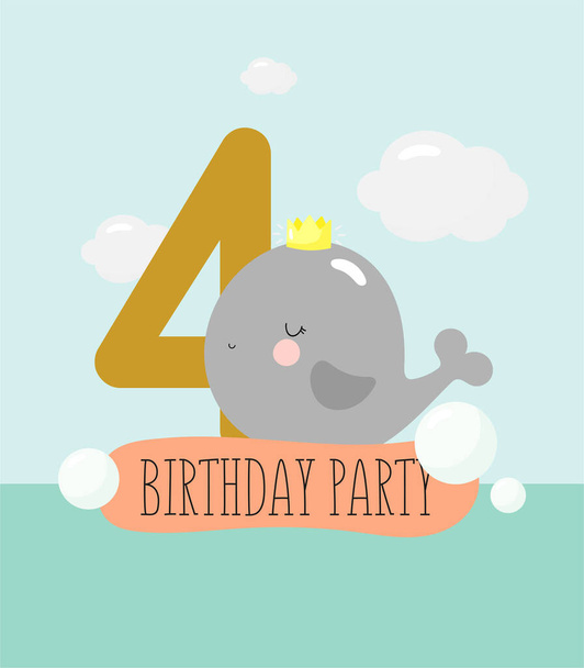 Birthday Party, Greeting Card, Party Invitation. Kids illustration with Cute baby Whale with the inscription four. Vector illustration in cartoon style. - ベクター画像