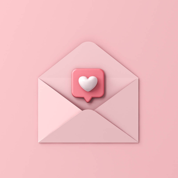 3D liefdesbrief concept hart als social media notificatie pin icoon uit open roze envelop geïsoleerd op roze pastel kleur muur achtergrond met schaduw minimale conceptuele 3D rendering - Foto, afbeelding