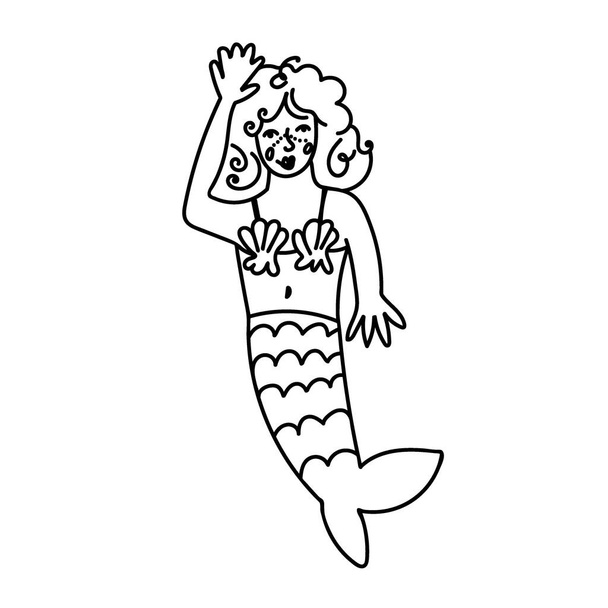 Jednoduchá vektorová ilustrace s mořskou pannou na bílém izolovaném pozadí.Oceán, Letní podvodní zvířecí ruka nakreslená ve stylu čmáranice.Design pro pohlednice, samolepky, obaly, sociální média, web, barvení. - Vektor, obrázek