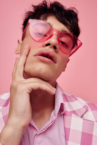 pretty man pink plaid blazer fashion modern style pink background unaltered - Foto, afbeelding